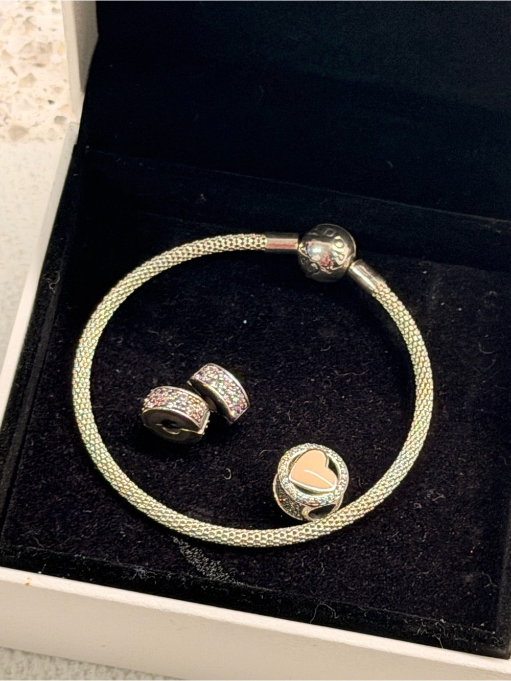 Pandora Silver Mesh Bracelet with Pink Heart Charm and Pavé Spacers